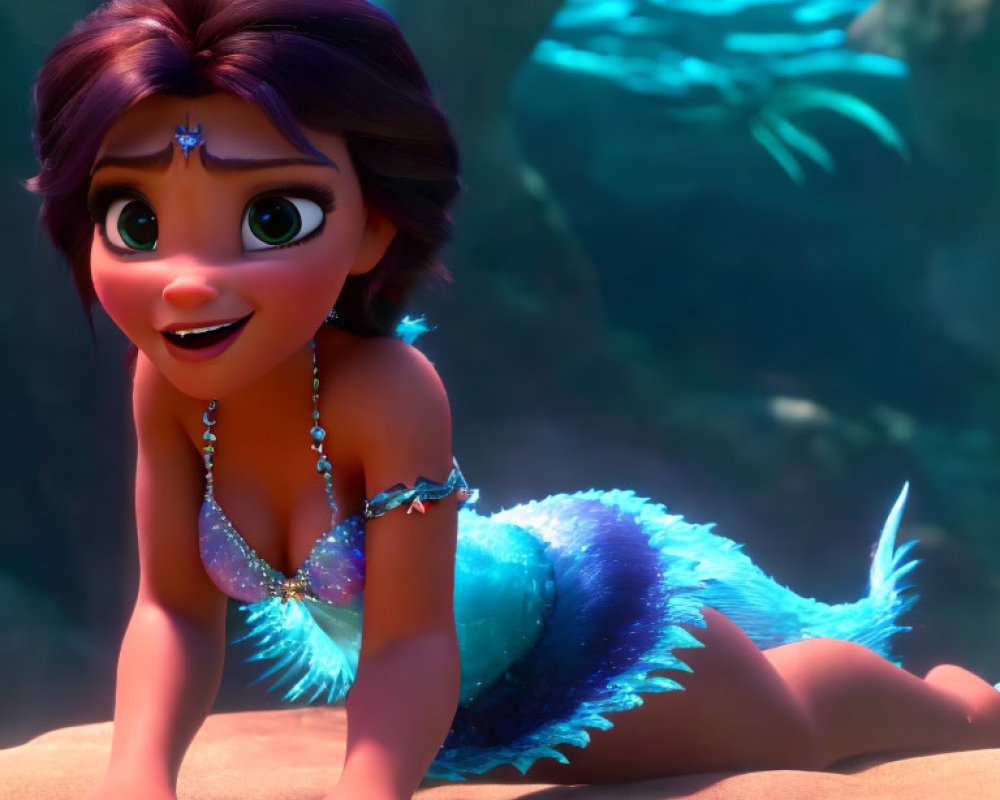 Brown-haired smiling mermaid with blue tail lying on rock underwater.