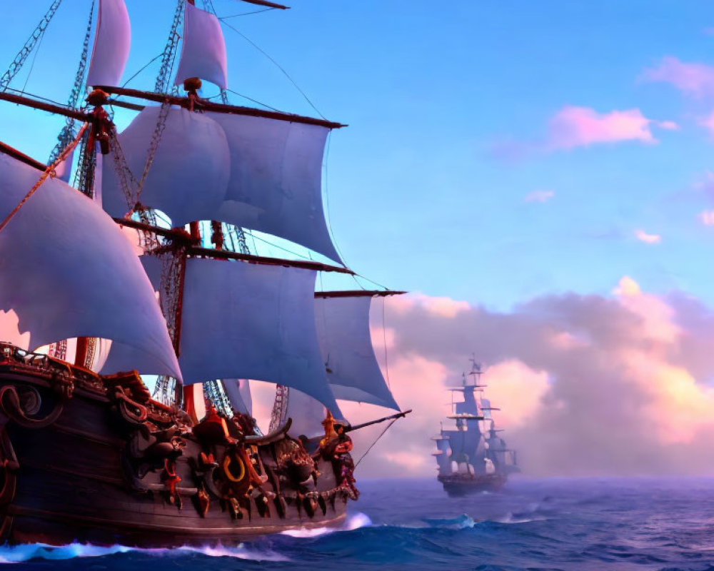 Majestic sailing ships with billowing sails on the ocean against a pink and blue sky