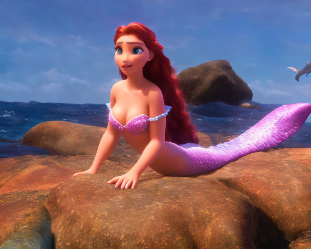 Red-haired animated mermaid on rock with purple tail above ocean