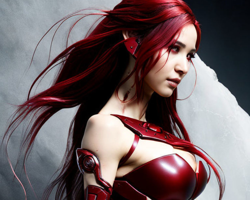 Long Red Hair and Futuristic Red Armor Pose in Dark Background