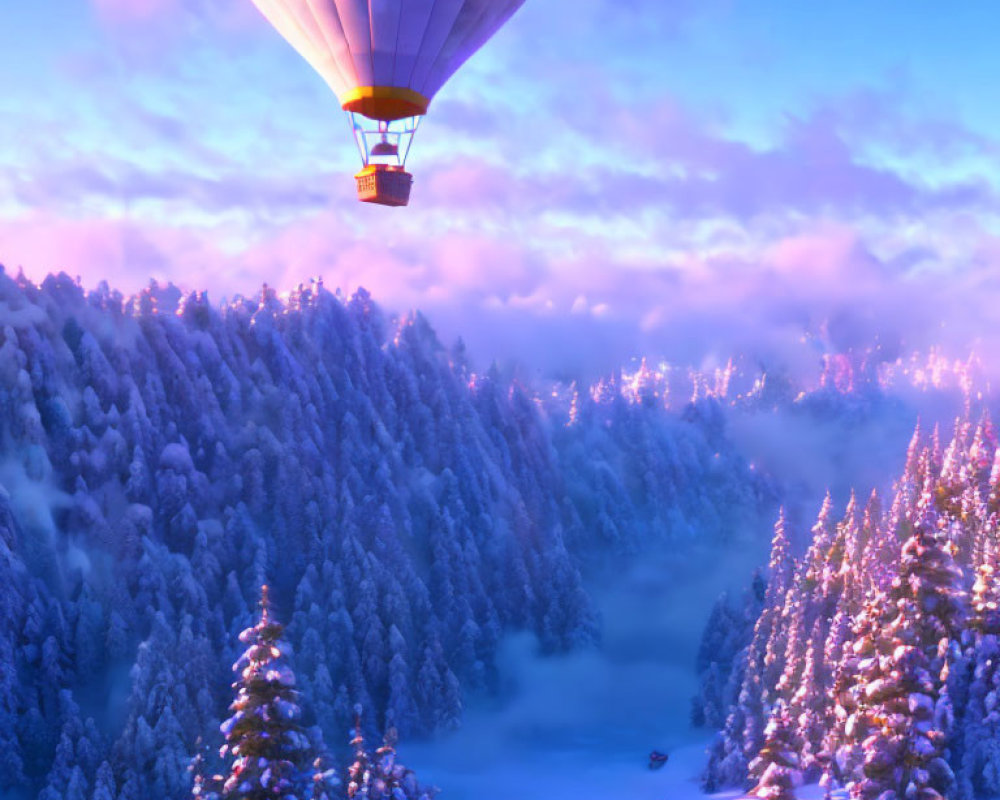 Hot air balloon over snowy forest at sunrise or sunset with mist among trees