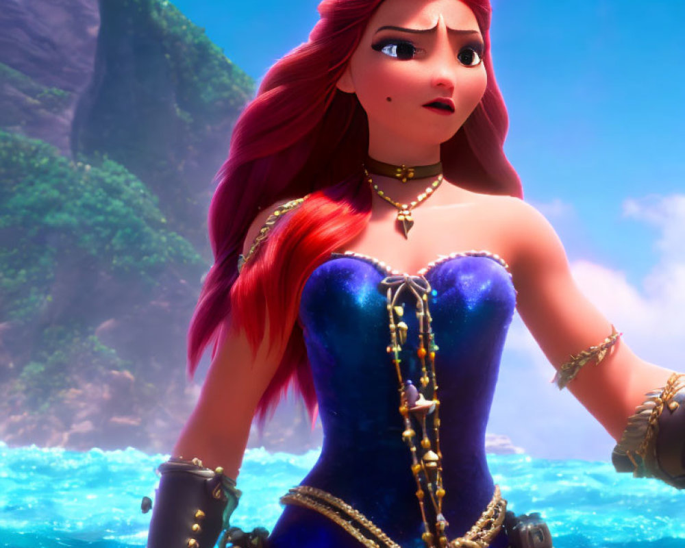 3D animated female character with long red hair in blue corset on tropical backdrop