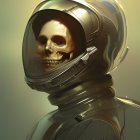 Metallic skeleton in astronaut helmet with visible skull, celestial backdrop with orbs and glow