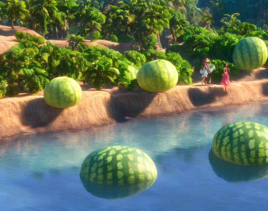 Giant floating watermelons in tropical river scene with small characters.