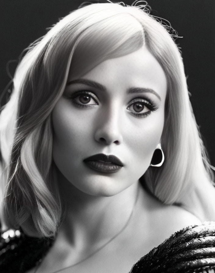 Monochrome portrait of woman with blonde hair and dark lipstick