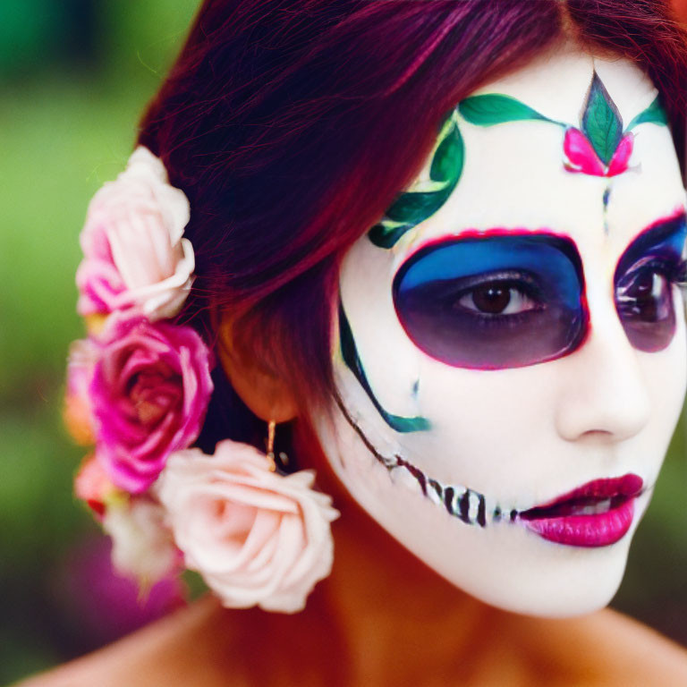 Person with vibrant sugar skull makeup and roses - Day of the Dead symbolism