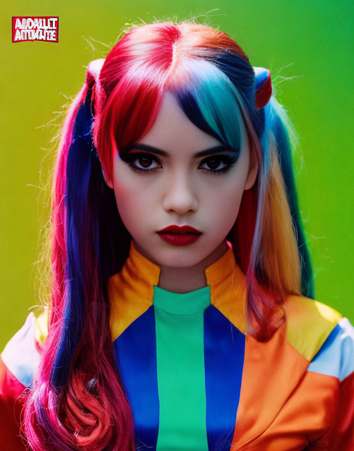 Rainbow-colored hairstyle and makeup with multicolored jacket on gradient background