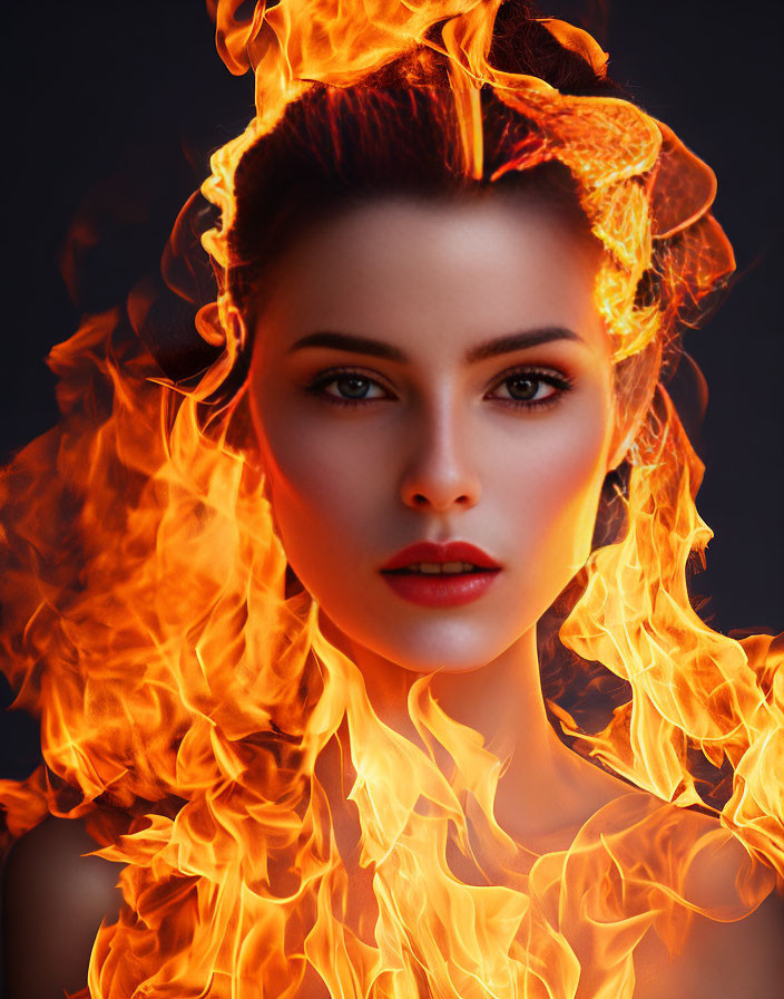 Woman with Striking Features in Fiery Mane Against Dark Background