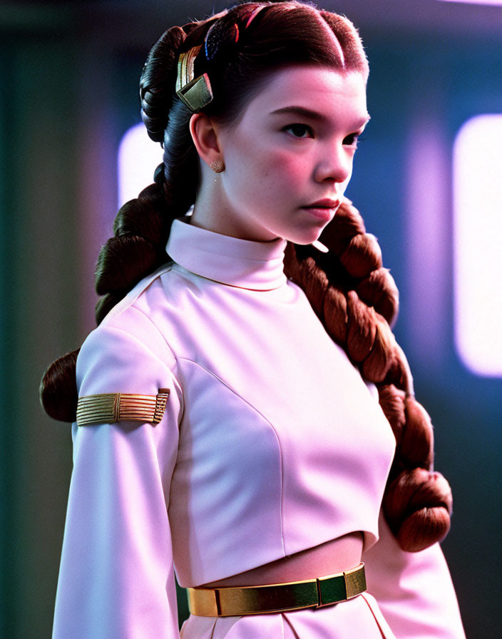 Woman with long braided pigtails in white high-collared outfit