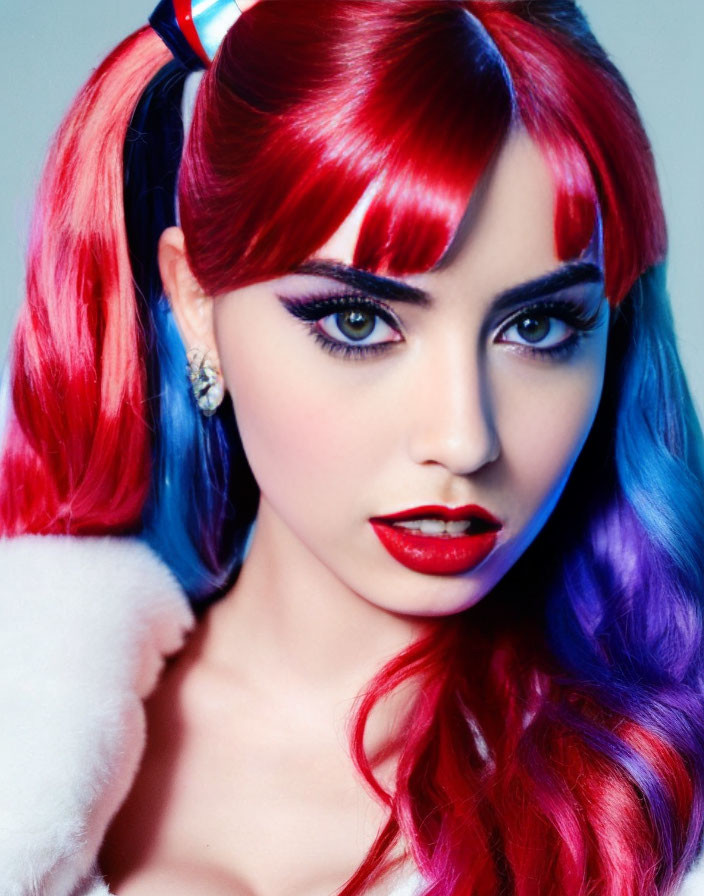 Colorful Woman with Red and Purple Hair, Bold Makeup, Blue Eyes, Fur Outfit