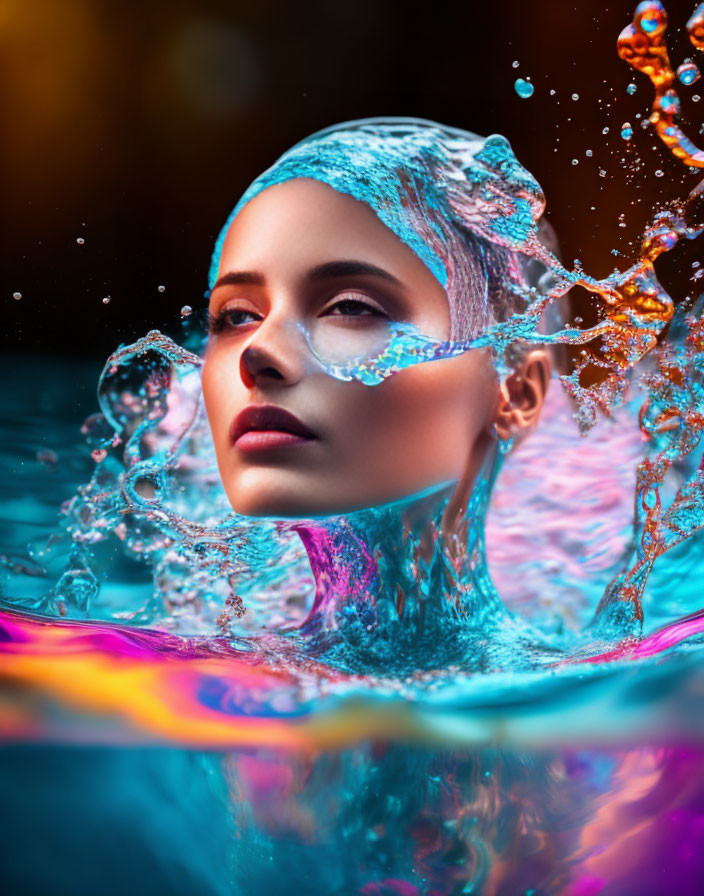 Woman partially submerged in water with dynamic splashes, vibrant blue and warm orange tones, calm expression.