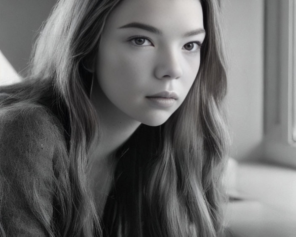 Monochrome portrait of young woman with long hair gazing sideways