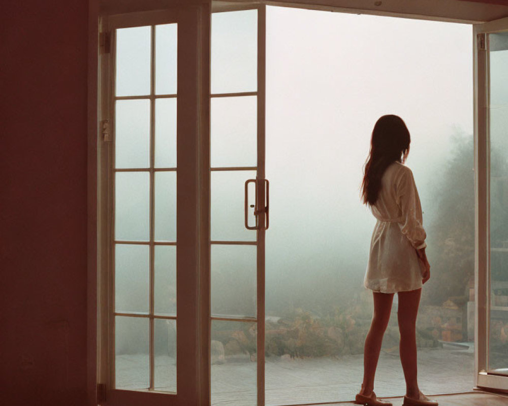 Woman Standing by Open Door Gazing at Misty Waterfront View