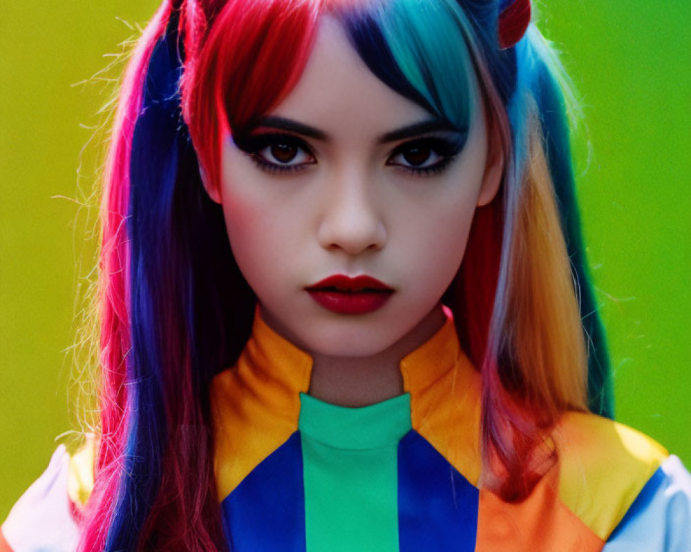 Rainbow-colored hairstyle and makeup with multicolored jacket on gradient background