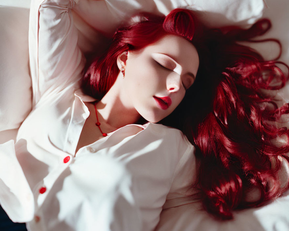 Red-haired woman sleeping peacefully in sunlight glow