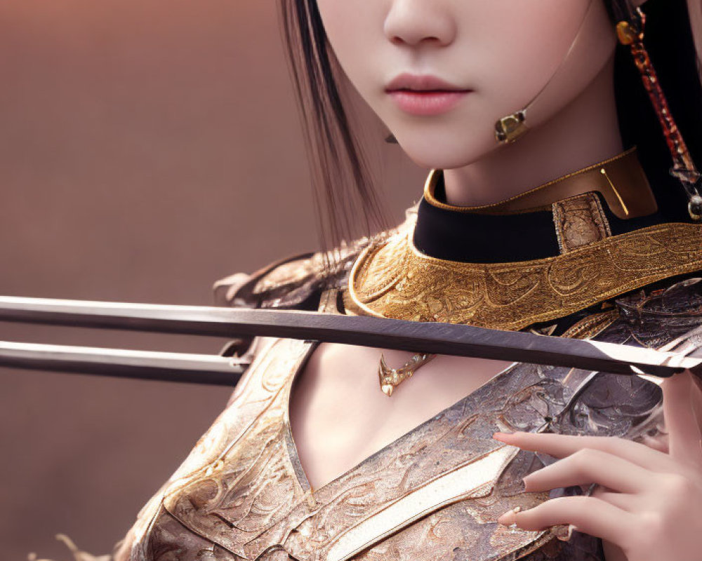 Detailed digital artwork of a woman in ornate armor holding a sword