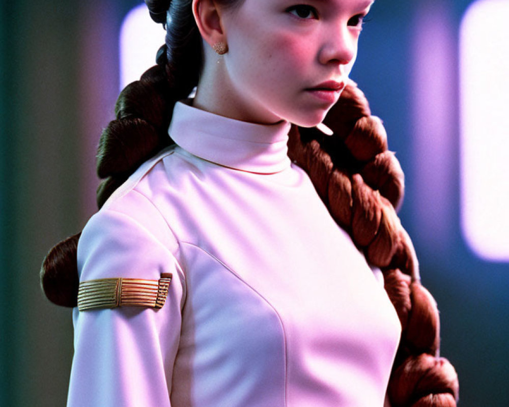 Woman with long braided pigtails in white high-collared outfit
