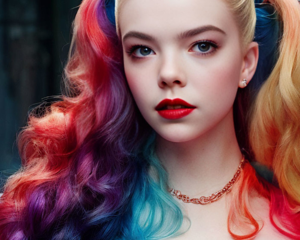 Vibrant rainbow-colored hair woman in high ponytails with red lipstick and top