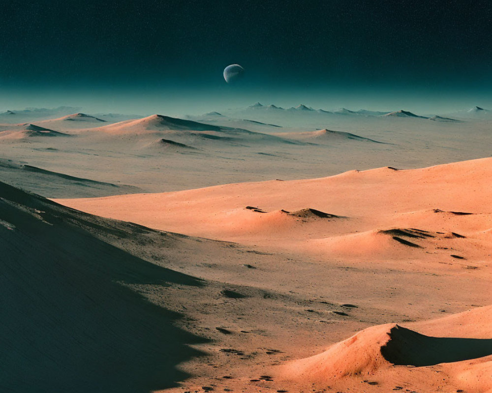 Martian landscape: Orange dunes, greenish sky, distant planet horizon