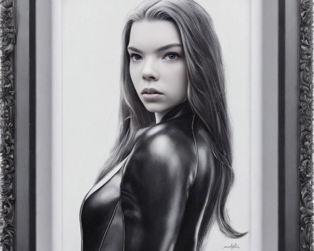 Monochrome portrait of woman with long hair in black outfit, framed in decorative black frame