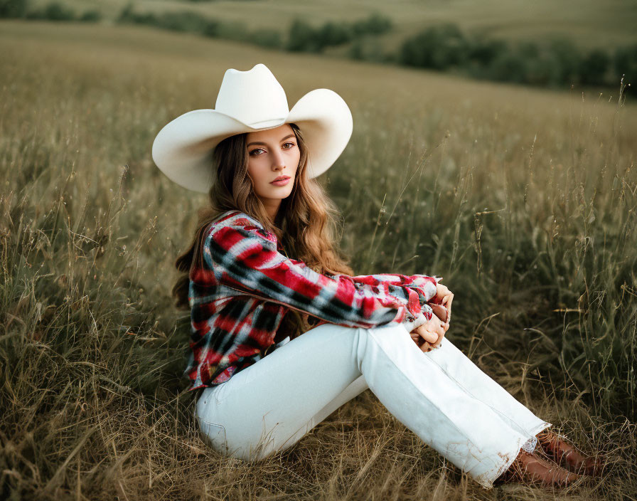 Pensive woman in plaid shirt and white hat in tall grass field