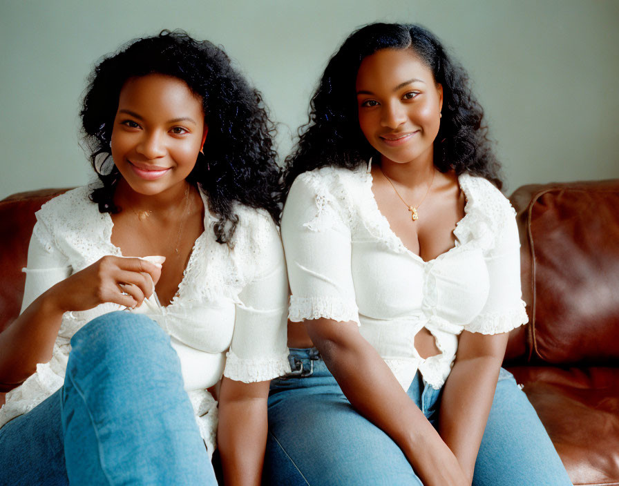 Two Smiling Women in White Tops and Blue Jeans on Brown Leather Sofa