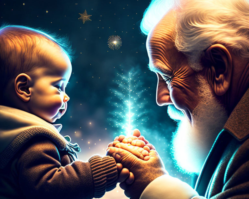 Elderly man and baby holding hands with glowing light on starry background