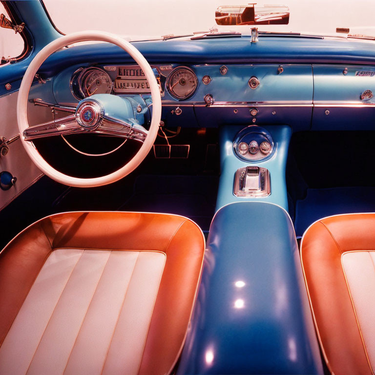 Pastel Blue Dashboard, Chrome Accents, White & Brown Seats in Vintage Car
