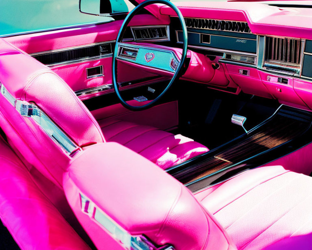 Vivid Pink Interior of Classic Car with Pink Steering Wheel & Dashboard