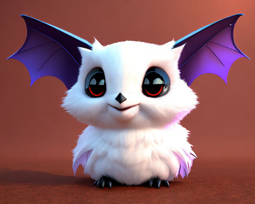 Fluffy white fantasy creature with purple wings and red eyes on warm background