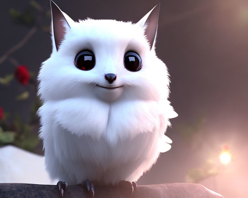 Fluffy white animated cat with expressive eyes on rock in nature
