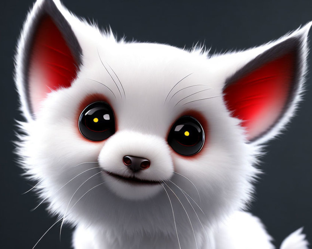 Animated creature with black eyes, white fur, and red ear markings