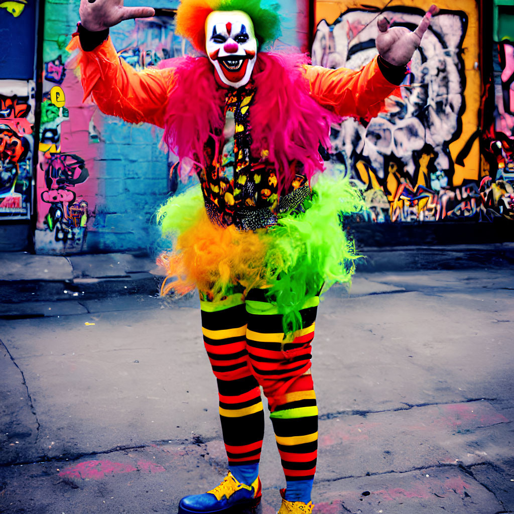 Colorful Clown Poses Joyfully Against Graffiti Wall