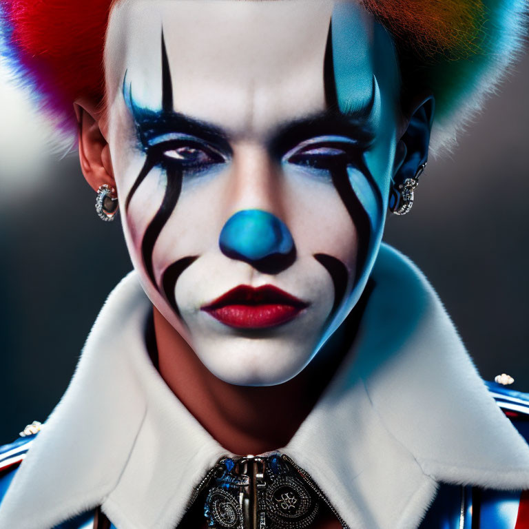 Person with dramatic clown-inspired makeup and studded collar in striped garment