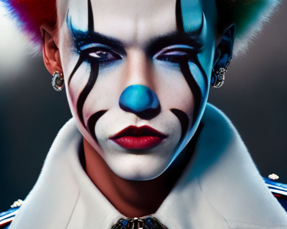 Person with dramatic clown-inspired makeup and studded collar in striped garment