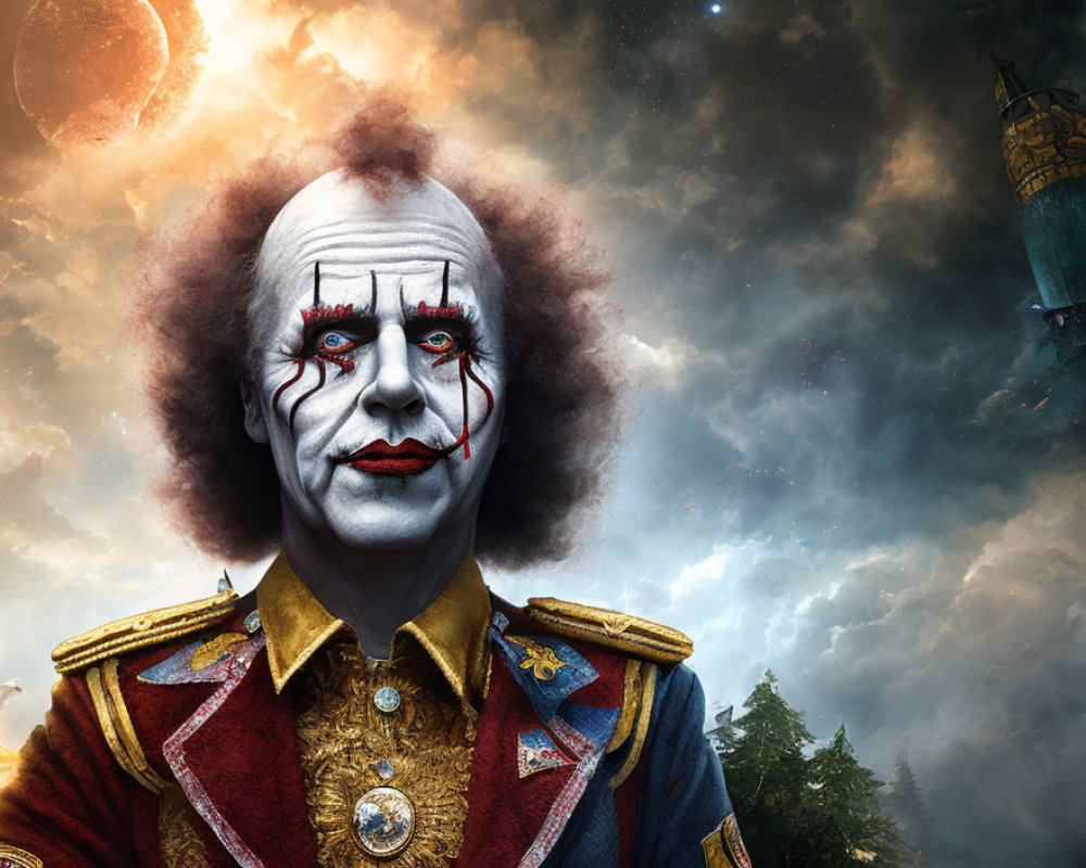 Clown with white face makeup and red accents in military-style jacket against surreal sky with red moon