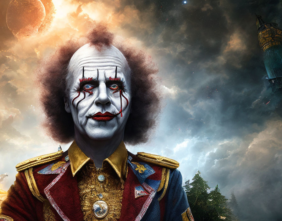 Clown with white face makeup and red accents in military-style jacket against surreal sky with red moon