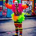Colorful Clown Poses Joyfully Against Graffiti Wall