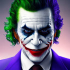Detailed Close-Up of Person in Joker Makeup with Green Hair and Purple Suit