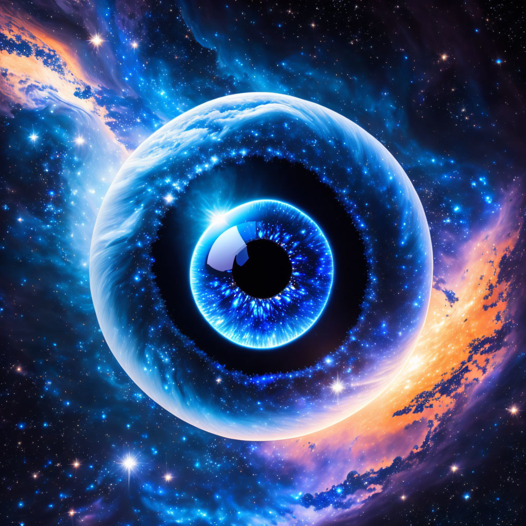 Detailed cosmic-themed human eye against vibrant galactic background with blues, oranges, and star glint.