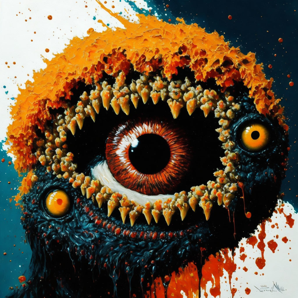 Grotesque painting featuring central eye with sharp teeth and smaller eyes on dark background.