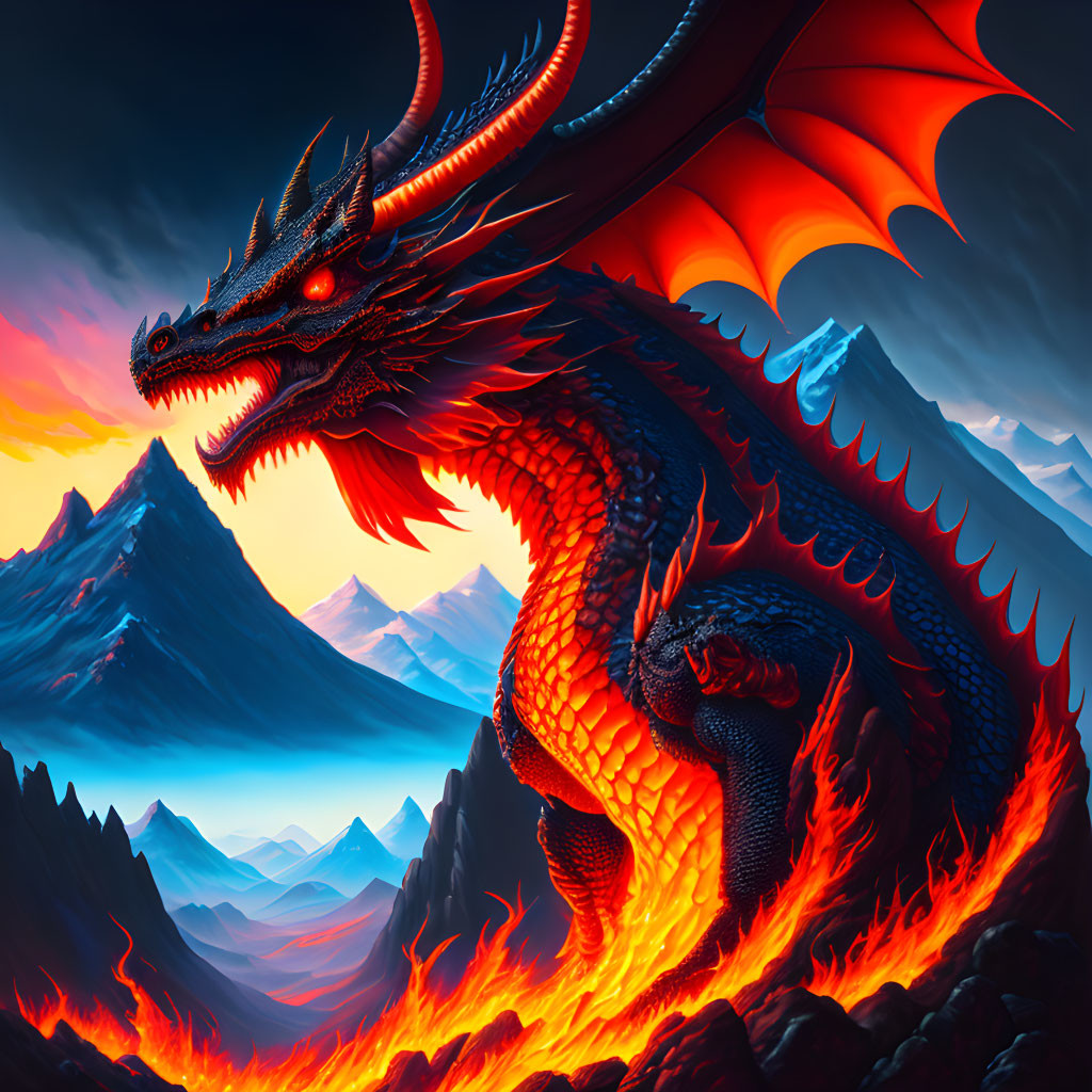 Majestic red dragon in fiery lava and rugged mountains