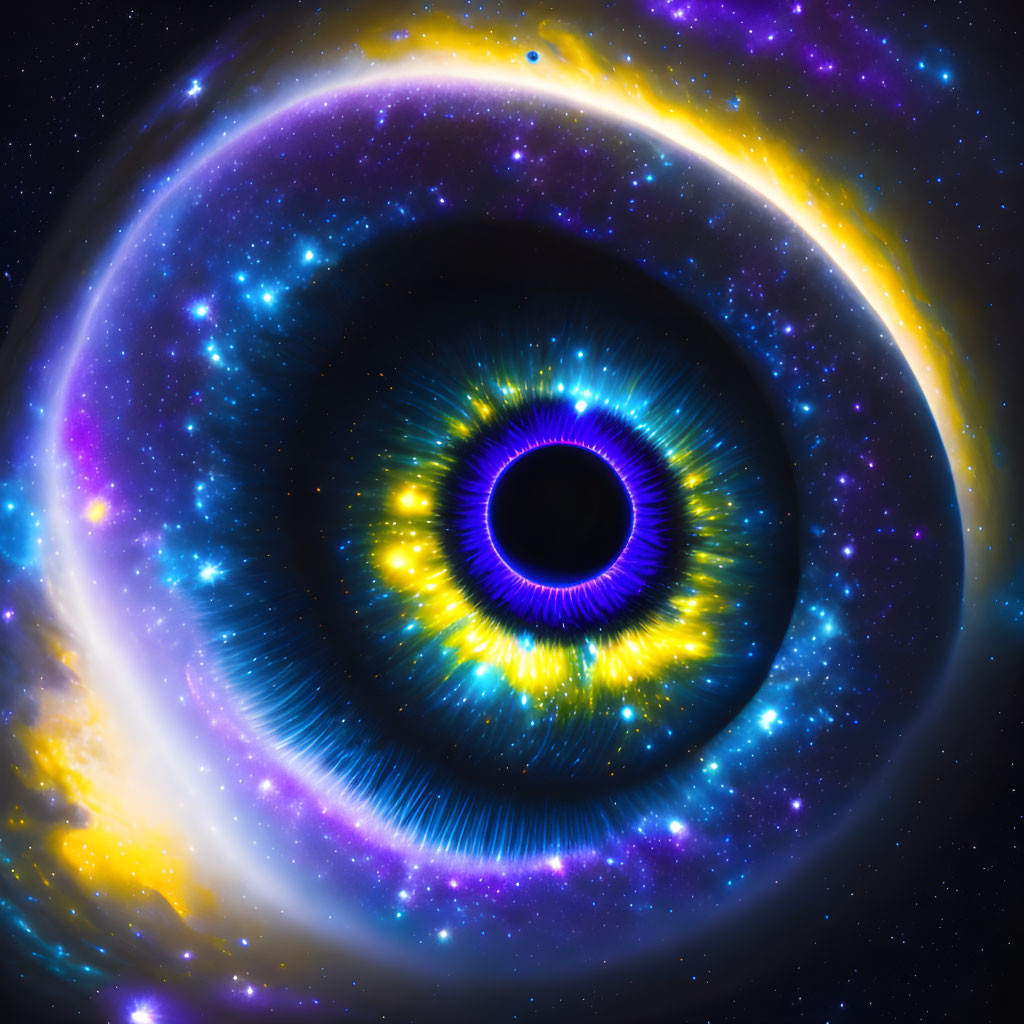 Colorful cosmic image of a central black hole with glowing rings in blue, purple, and yellow.