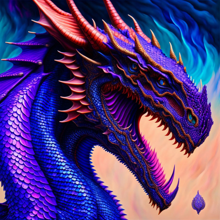 Colorful digital artwork: Blue and purple dragon with intricate scales and spikes on swirling blue and orange backdrop