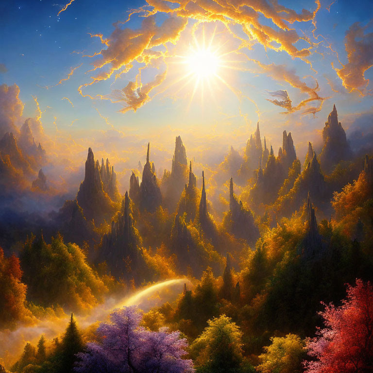 Fantastical landscape with rocky spires, lush forests, colorful sky, and dragon-like creature