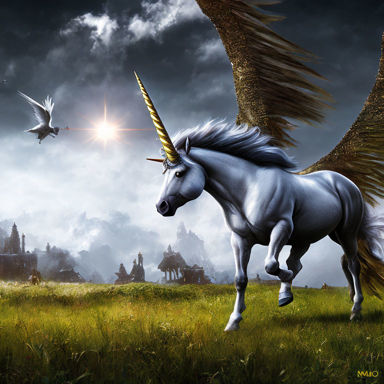 Golden-winged unicorn galloping in mystical field with ruins and bird.