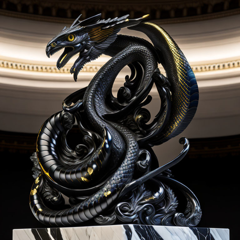 Detailed Black Dragon Sculpture with Gold and Blue Accents on Marble Pedestal