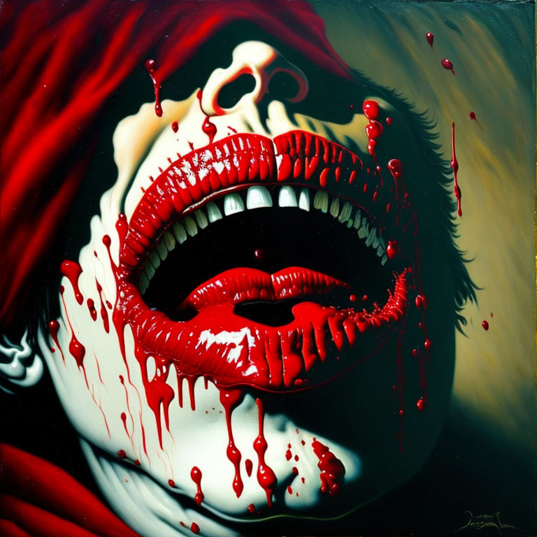 Hyperrealistic Painting: Mouth with Red Lips Dripping Blood-like Paint