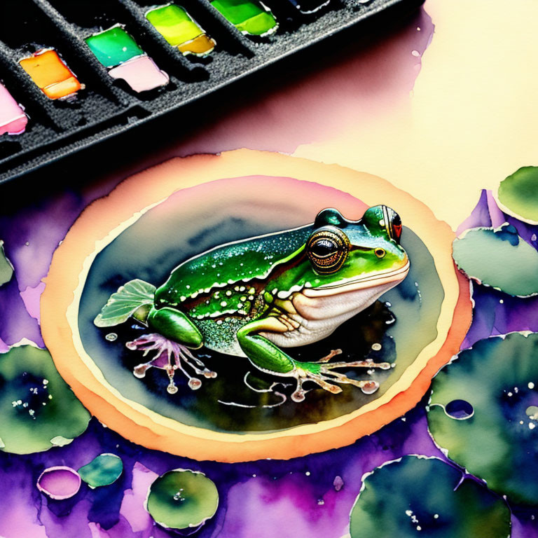 Colorful Watercolor Painting: Green Frog on Lily Pads with Palette