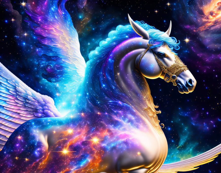 Colorful winged unicorn with golden mane in cosmic setting.